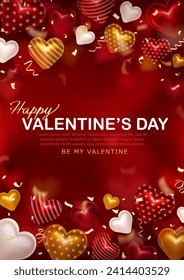 Template of dark red luxury romantic Valentine's Day poster with 3d various glossy hearts, golden realistic confetti streamers, light effect in heart shape and greeting text - Be my Valentine!