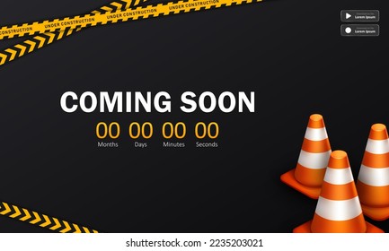 Template of dark website page with 3d orange traffic cones and striped yellow barrier tape. Black vector banner with app buttons, countdown timer and white text - Coming soon.