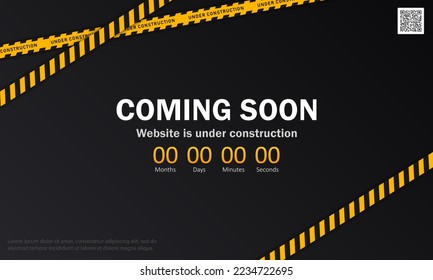 Template of dark website page with striped yellow-black barrier tapes. Black vector banner with warning line, qr code, countdown timer and white text - Coming soon, website is under construction