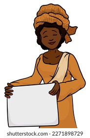 Template with dark-skinned woman wearing long dress, sash and turban, holding a blank paper sign. Character in cartoon style.