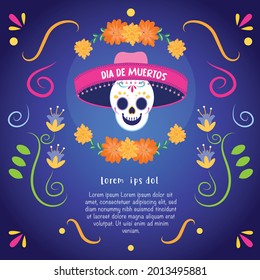 Template Day of the Dead. Happy sugar skulls with hat and flowers. Mexican tradition. Ideal for decorations, cards with literary skulls, banners, labels, post card and greetings card