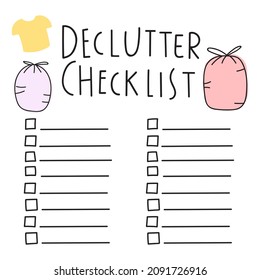 Template Of Declutter Checklist. Hand Drawn Illustration On White Background.