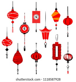 Template decorative chinese style red lantern. Hieroglyph english translate good luck and love. Set of element design asian art. Vector illustration.