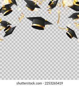 Plantilla para el diseño decorativo de la graduación. 3d tapones de graduación en caída, confitis dorada y serpentina en fondo a cuadros. Ilustración vectorial para decoración en medios sociales, carteles, afiches.