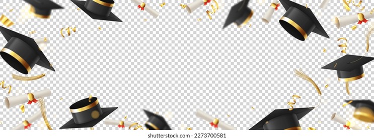 Template for decorative design of graduation. Falling graduation caps and scrolls, golden confetti and serpentine on checkered background. Vector illustration for decoration social media, posters.