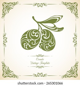 Template with  decorative frame and ornate green olives with a leaf on branch Logo icon label olives