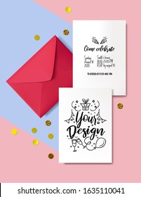 Template for decorative invitation cards vector illustration. Red realistic envelope, papers for inviting design and golden decor. Festive event and minimalism concept