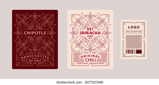 Template decorative label for chili sauce. Ornamental frame in thin line style. Vector illustration