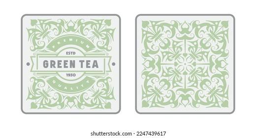 Vorlage dekorative Etikette, Coaster und Anhänger für grünen Tee und andere Produkte. Design mit floralen Ornamenten im Retro-Stil und Pastellfarbe. Vektorgrafik