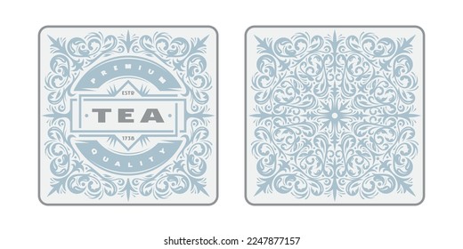 Template decorative label, coaster and tag for tea and other product. Design with floral ornament in retro style and pastel color. Vector illustration