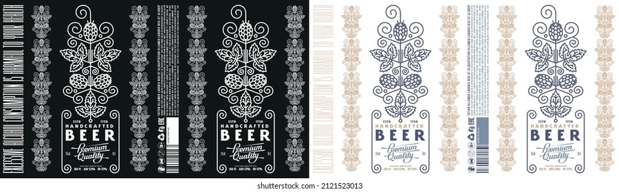 Template decorative label for craft beer. Design for aluminum can. Ornamental frame in thin line style. Vector illustration