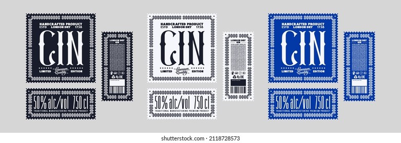 Template decorative label for dry gin and other alcohol drink. Color options. Vector illustration 