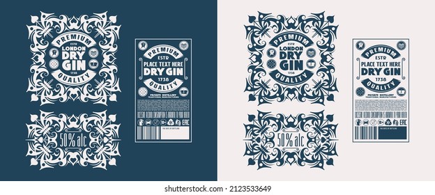 Vorlage dekoratives Etikett für Trockenfleisch und andere alkoholische Getränke. Design mit Blumenverzierungen im mittelalterlichen Stil. Vektorgrafik