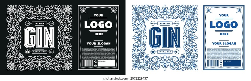 Template decorative label for gin and other alcohol drink. Ornament in thin line style. Vector illustration