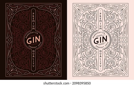 Template decorative label for gin and other alcohol drink. Ornamental frame in thin line style. Vector illustration