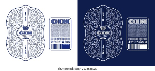 Template decorative label for gin and other alcohol drink. Ornamental frame in thin line style. Vector illustration