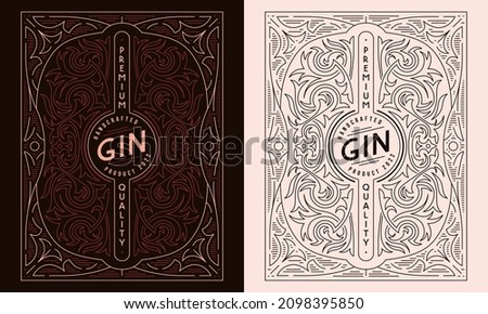 Template decorative label for gin and other alcohol drink. Ornamental frame in thin line style. Vector illustration