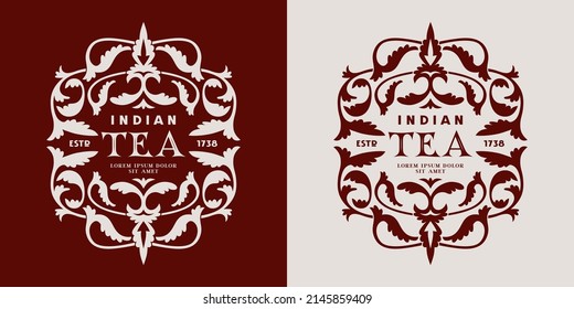 Template decorative label for Indian tea. Design with floral ornament. Vector illustration
