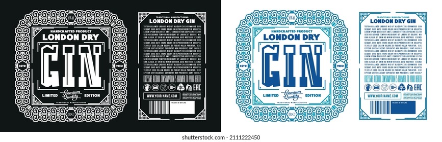 Template decorative label for London dry gin and other alcohol drink. Geometric ornament in thin line style. Vector illustration