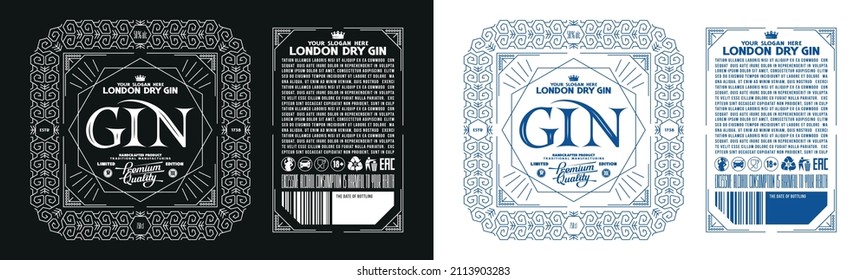 Template decorative label for London dry gin and other alcohol drink. Geometric ornament in thin line style. Vector illustration