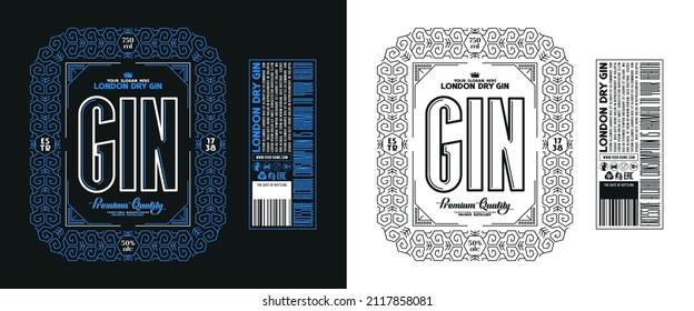 Template decorative label for London dry gin and other alcohol drink. Geometric ornament in thin line style. Vector illustration