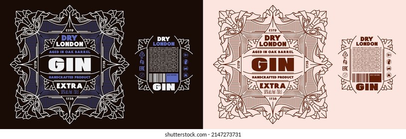 Template decorative label for London dry gin and other alcohol drink. Floral lineal ornament in art nouveau style. Vector illustration