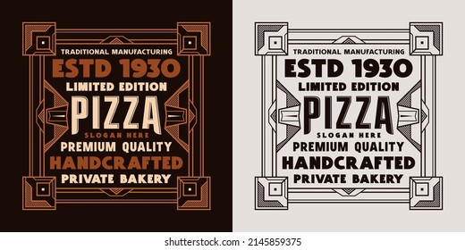 Template decorative label for the pizza box. Design with lineal ornament in retro style. Vector illustration