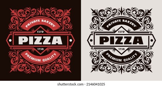 Template decorative label for the pizza box. Design with ornament in retro style. Vector illustration