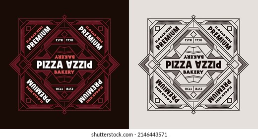 Template decorative label for the pizza box. Design with lineal ornament in retro style. Vector illustration