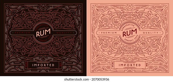 Template decorative label for rum and other alcohol drink. Ornamental frame in thin line style. Vector illustration