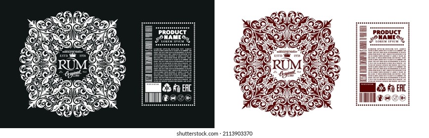 Template decorative label for rum and other alcohol drink. Typographic with ornamental frame in floral style. Vector illustration