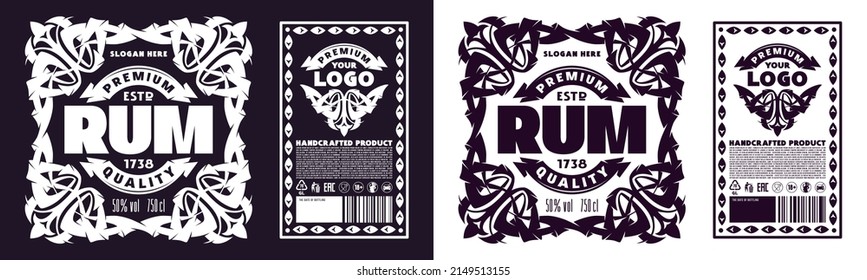 Template decorative label for rum and other alcohol drink. Floral ornament in celtic style. Vector illustration