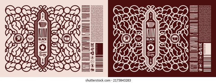 Template decorative label for rum and other alcohol drink. Ornamental frame in thin line style