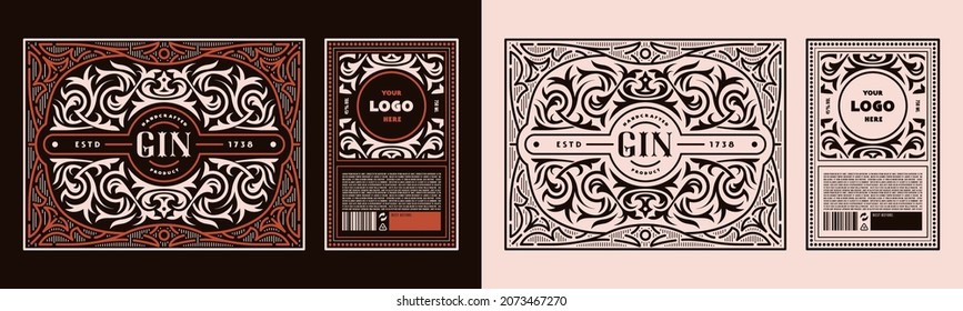 Juego de etiquetas decorativas de plantilla para ginebra y otras bebidas alcohólicas. Marco ornamental de estilo floral y lineal. Ilustración del vector