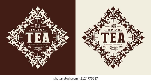Template decorative label for tea. Design with floral ornament in medieval style. Vector illustration
