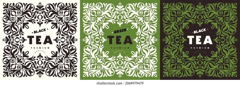 Plantilla de etiqueta decorativa para el té. Ornamento floral. Ilustración del vector
