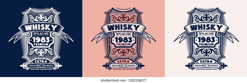 Template decorative label for whiskey and other alcohol drink. Vector illustration. White print on black background