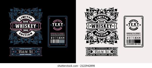 Template decorative label for whiskey and other alcohol drink. Design with floral ornament in medieval style. Vector illustration