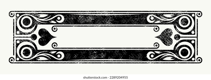 Template decorative small rectangular label for alcohol drink. Design with rough texture and floral ornament. Vector illustration
