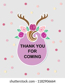 Template with Deer headband for party invitation, baby shower, thank you card, greeting card. Deer card as  badge, logo, patch. Vector illustration.