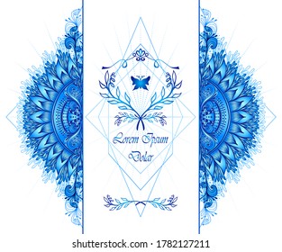 Template of deign  of Abstract decorative element in Boho Eastern  Ethnic style  or  Mandala  in blue on white for advertising  cosmetic or perfume or  hygiene products or tea