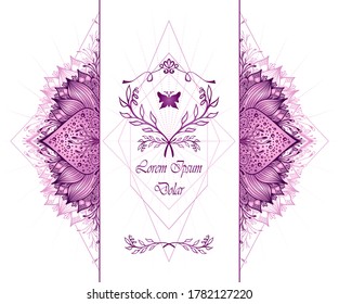 Template of deign  of Abstract decorative element in Boho Eastern  Ethnic style  or  Mandala  in lilac pink on white for advertising  cosmetic or perfume or  hygiene products or tea