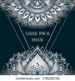 Template of deign  of Abstract decorative element in Boho Eastern  Ethnic style  or  Mandala  in silver for advertising  cosmetic or perfume or  hygiene products or tea