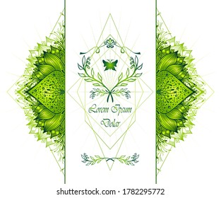 Template of deign  of Abstract decorative element in Boho Eastern  Ethnic style  or  Mandala  in green on white for advertising  cosmetic or perfume or  hygiene products or tea