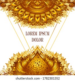 Template of deign  of Abstract decorative element in Boho Eastern  Ethnic style  or  Mandala  in gold on white for advertising  cosmetic or perfume or  hygiene products or tea