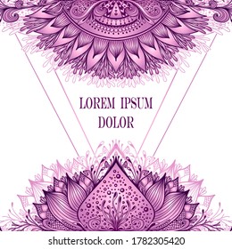 Template of deign  of Abstract decorative element in Boho Eastern  Ethnic style  or  Mandala  in lilac pink on white for advertising  cosmetic or perfume or  hygiene products or tea