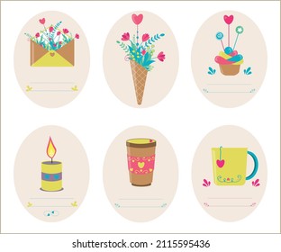 Template of a delicate postcard label gift card with flowers mugs