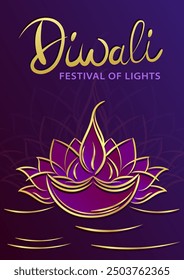 Template of Depawali greeting card with golden linear lotus and Diya oil lamp with flame on a purple background with hand drawn lettering "Diwali - Festival of Lights" in elegant gold script.
