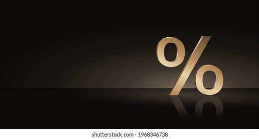 Template design with 3d golden percentage symbol with blank space on the side for text, vector, 3D illustrations, perfect for advertisements, banners, posters, flyers, icons, backgrounds, etc.