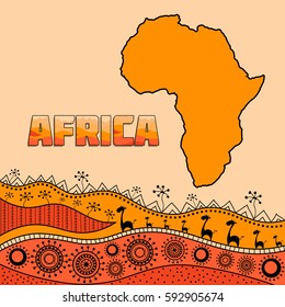 Template for design in the African style. African traditional elements of ethnic patterns. Caption filled with ornaments. Silhouette mainland. Vector illustration